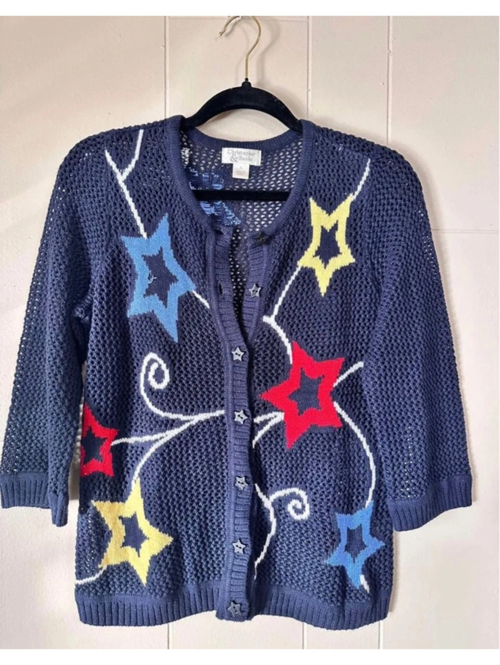 Christopher & Banks Star Cardigan Sweater Size Small Blue Open Knit 3/4 Sleeve